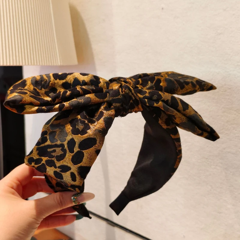 Leopard Print Bow Headband for Women Jacquard Embroidery Bow Knot Wide Hair Hoop Vintage Party Daily Hairbands Hair Accessories