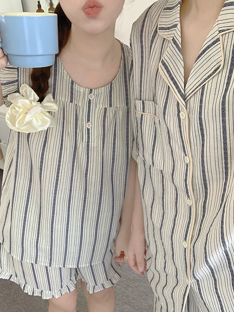 

Couples Cotton Pajamas Summer ort Sve orts Casual Loose Home Clothes Set Stripe Pattern Printed Comfortable Spwear