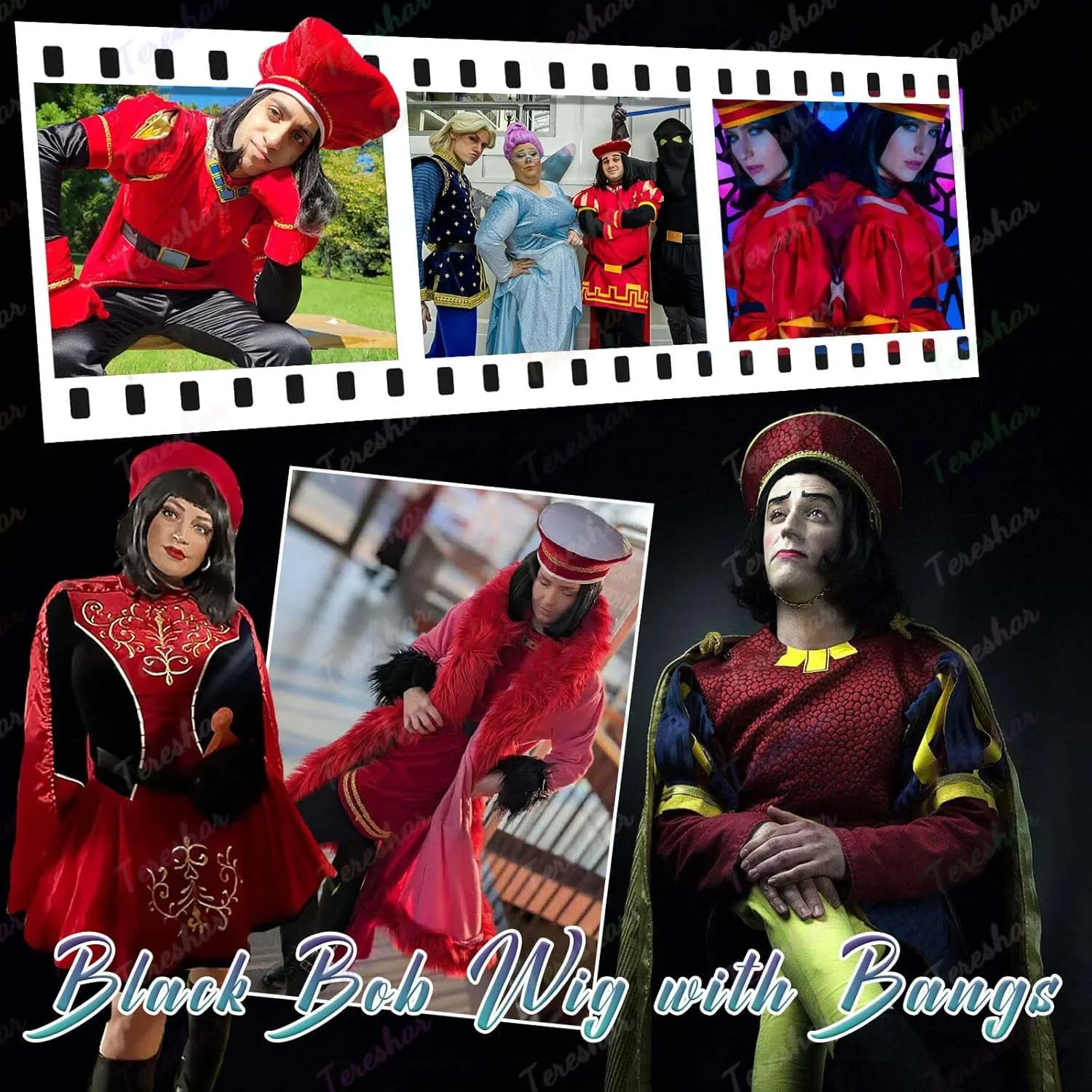 الاصطناعية للجنسين الأسود مستقيم الوجه في قصيرة الانفجارات الكاملة واقعية هالوين تأثيري بوب شعر مستعار مع الانفجارات لورد فاركواد شعر مستعار