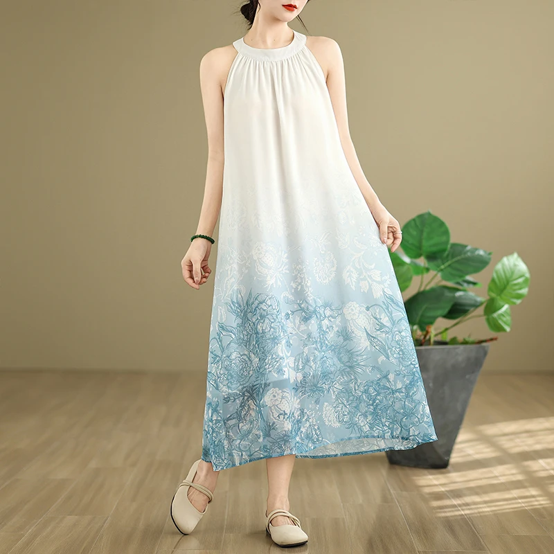 Estate delle nuove donne allentate Dr adient Stampa Svel Abito lungo Ne Design appeso Gonna a trapezio Miscela di cotone Abbigliamento casual