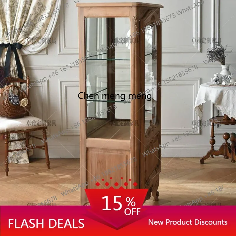 E5556French retro solid wood carving flower home glass display side cabinet bookcase wine cabinet
