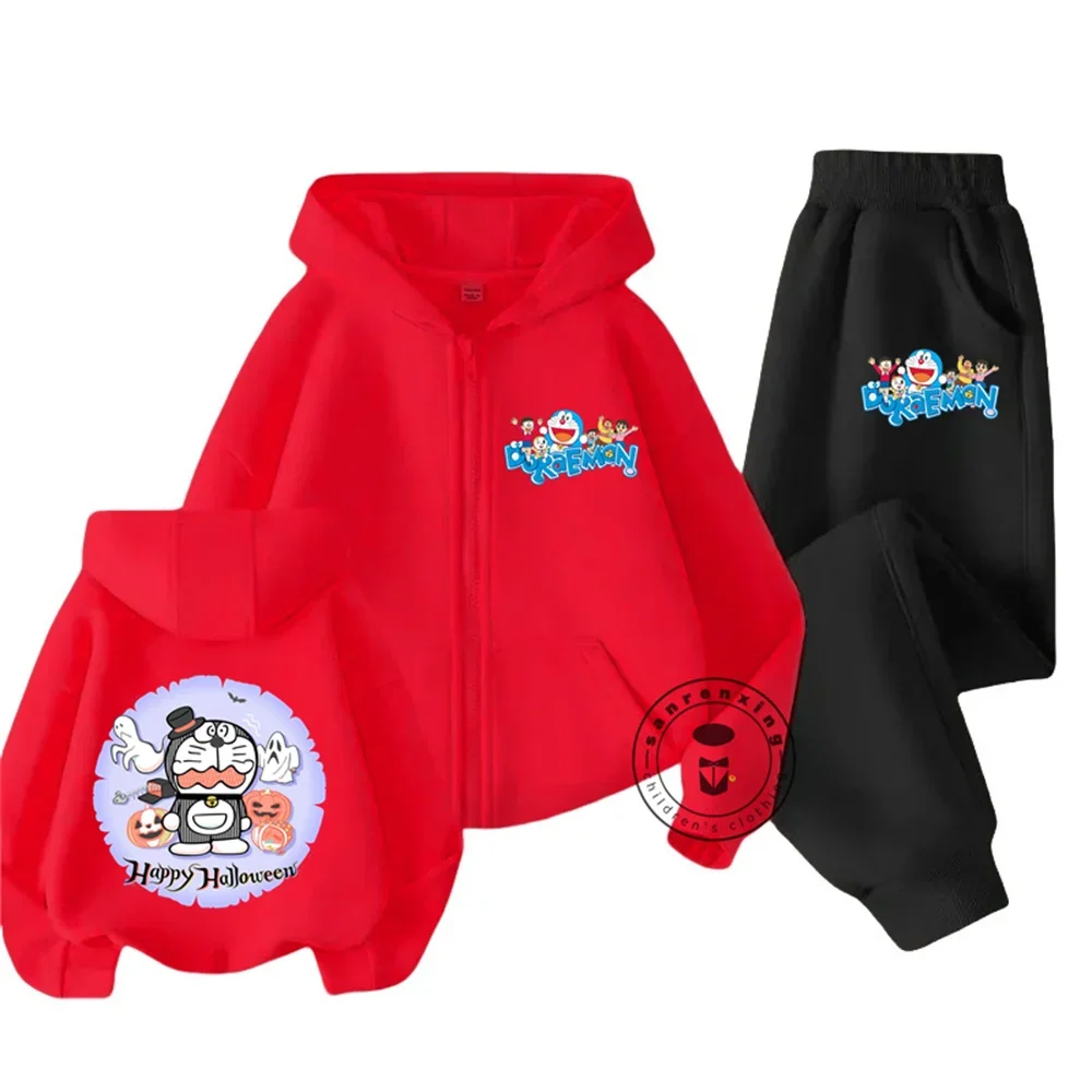 Doraemon Children's Clothing Black Sports Zipper Suit Children's Plus Velvet Hoodie Pants 2-piece Set Kids Gift for Kids