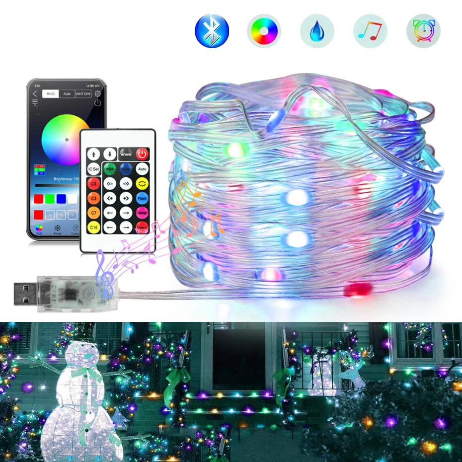 Waterproof Smart 5V RGBIC Chasing WS2812B Fairy Led String 10m 20m 30m Bluetooth Music Sync Dreamcolor Christmas Light Strip