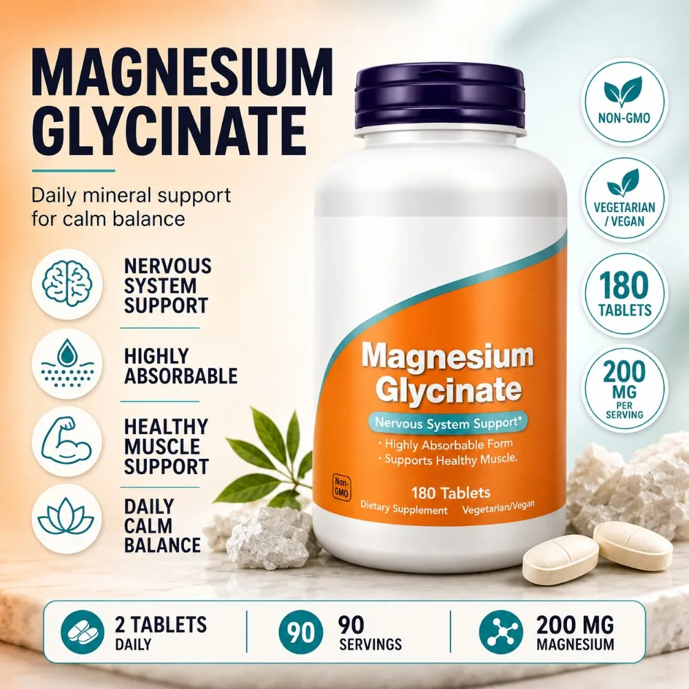 Magnesium Glycinate Tablets 200mg, High Absorption Vegan Non-GMO Formula for Nervous System Muscle Relaxation Support, 180 Count