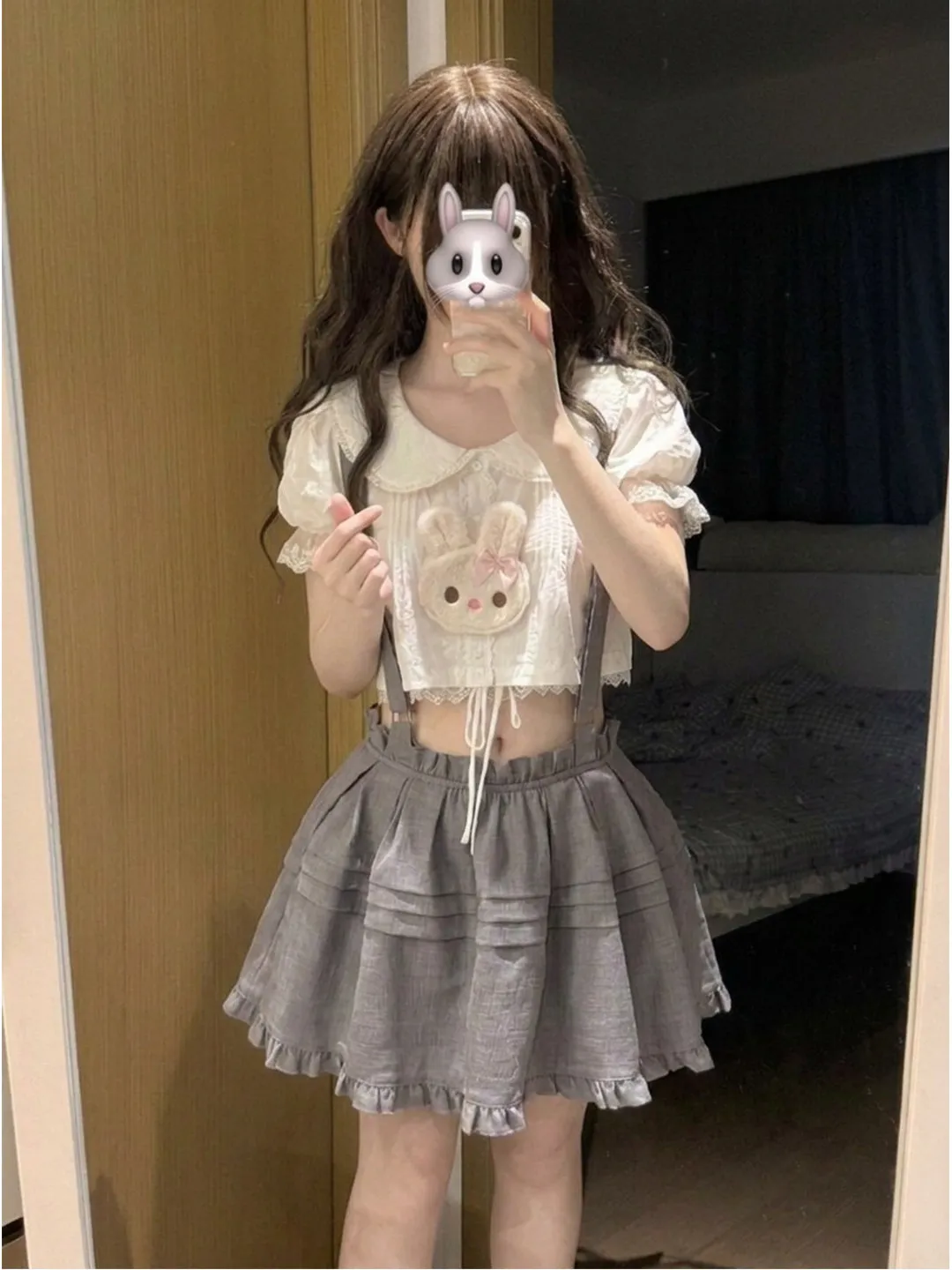 Cute School Girl Style Two-Piece Set with Puffy Sleeves And Bow Collar Low Waist Skirt And Top for Young Women