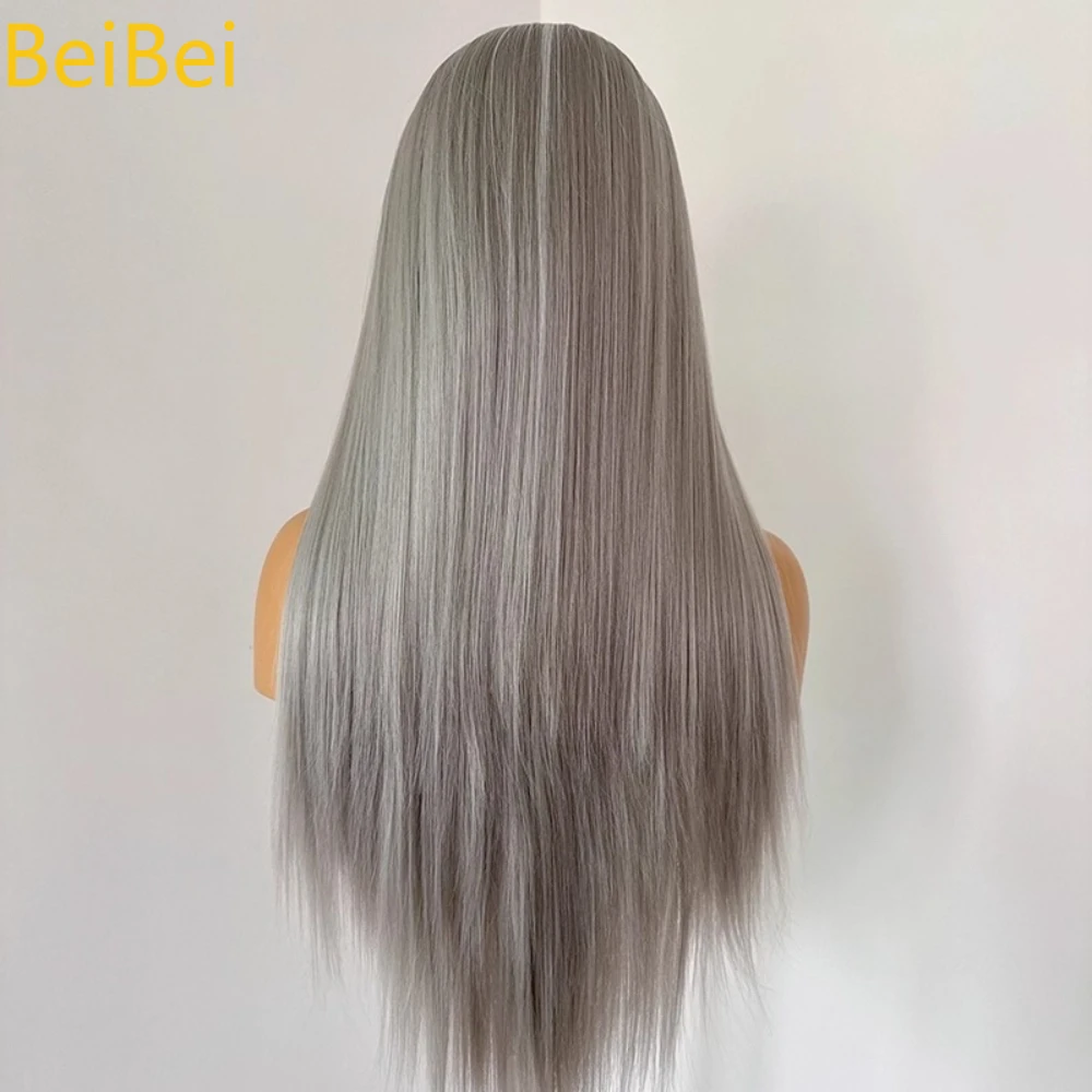 Wig Renda Sorotan Abu-abu-putih 13*4 Wig Renda Depan untuk Wanita 26 Inci Wig Renda Sintetis Kualitas Tinggi Abu-abu Perak untuk Cosplay