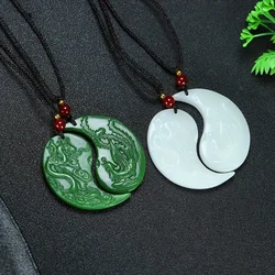 1pc Natural Stone Dragon and Phoenix Pendant Green White Men and Women Jewelry Beads Treasure Jade Necklace Holiday Gift