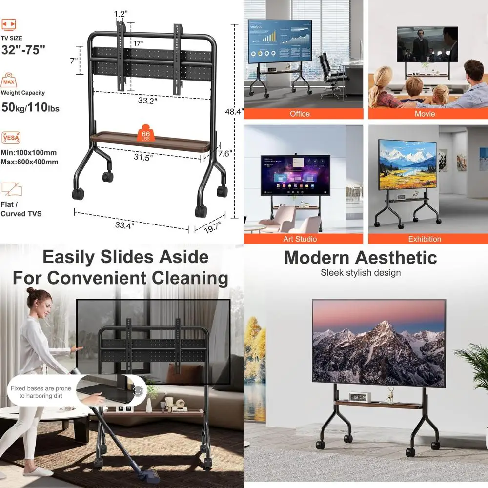 

Портативная передвижная подставка для телевизоров с диагональю 32-75 дюймов, с фиксирующимися колесами, выдерживает до 110 фунтов, VESA 600x400 мм