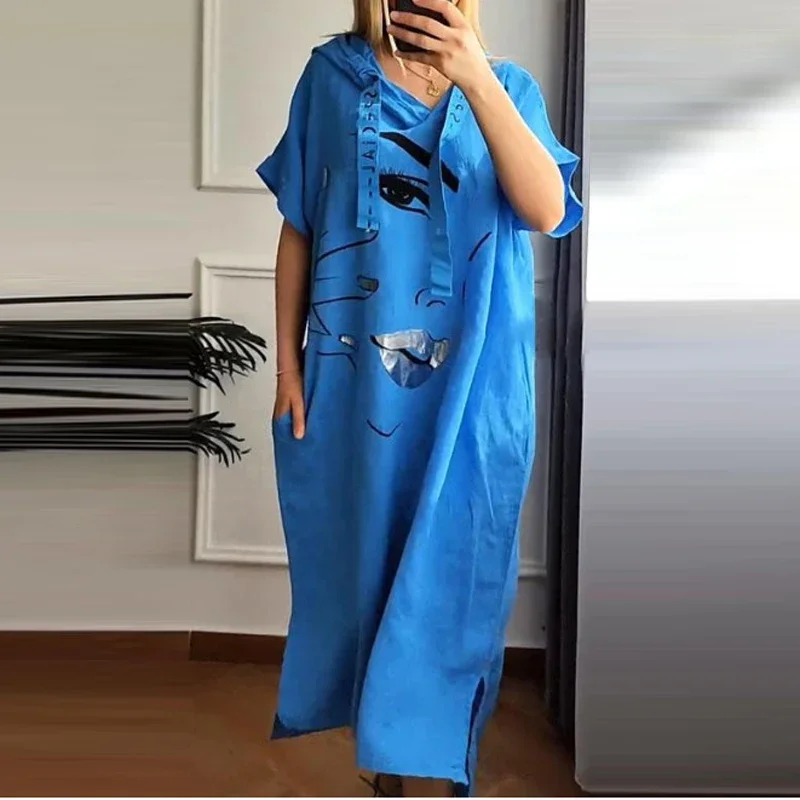 Women Retro Abstract Face Print Hooded Dress Spring V Neck Pocket Party Long Dress Summer Short Sleeve Loose Slit A-Line Dresses