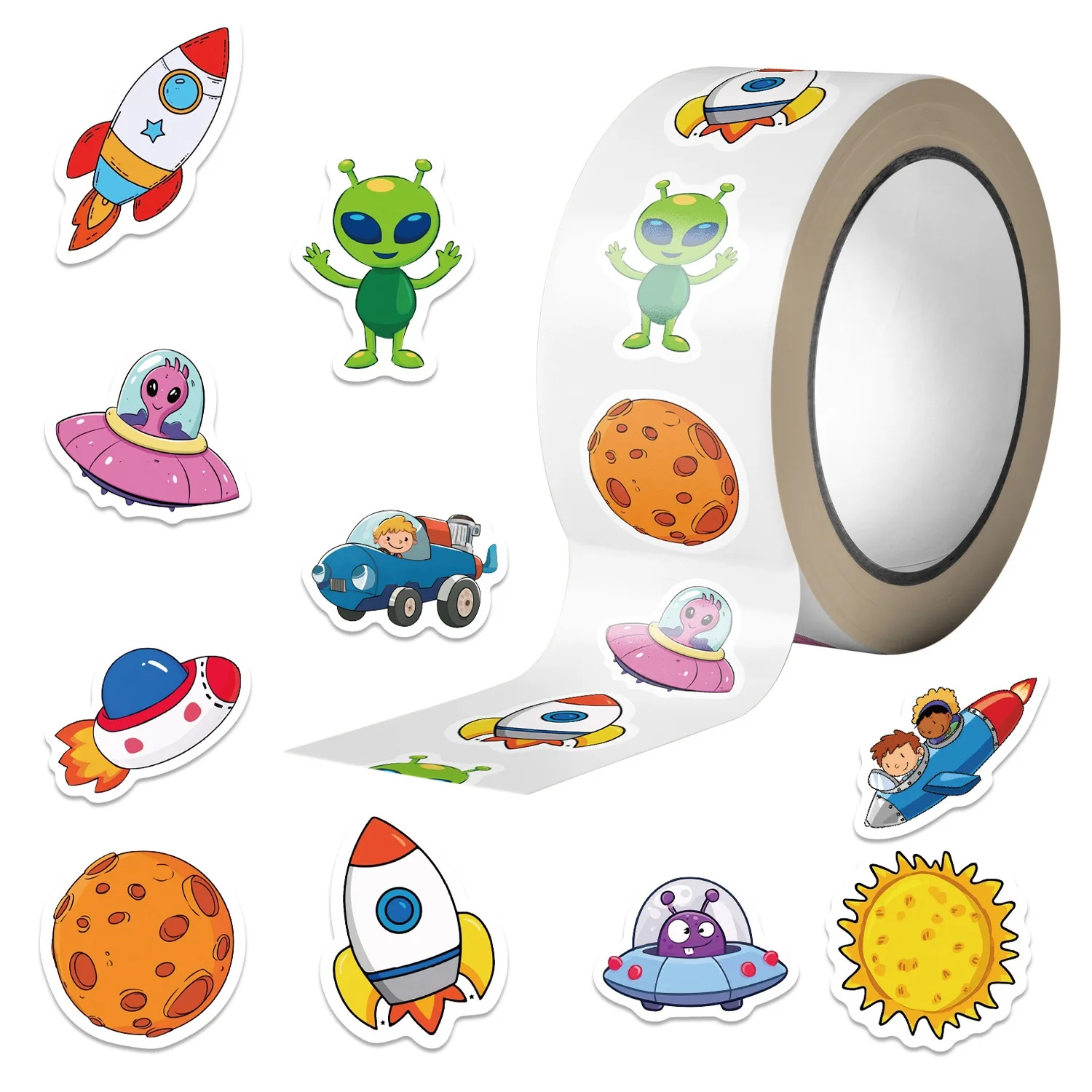 500pcs/Roll Cartoon Space Rocket Alien Sealing Stickers Decals Laptop Scrapbook Skateboard School Teacher Rewards Gift Sticker