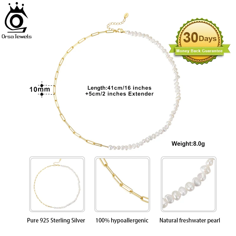 ORSA JEWELS Unique 925 Silver Paper Clip Chain Pearl Choker Necklace Vintage Chunky Link Necklace for Women Chain Jewelry GPN13