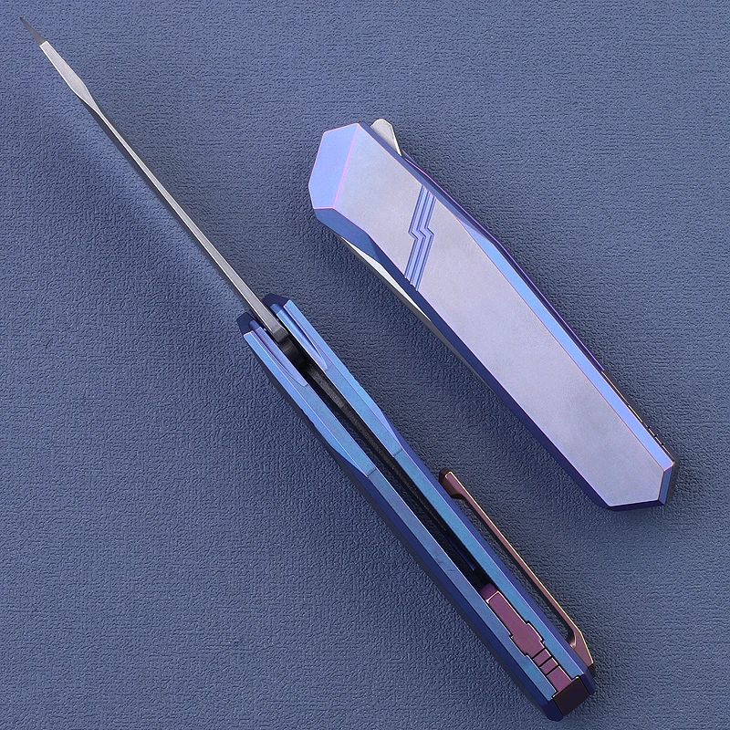 New TBEKETEN Original Diamond Without Screws Fruit Knife Damascus Steel Titanium Alloy Blue Handle M390 Outdoor Fishing Tools
