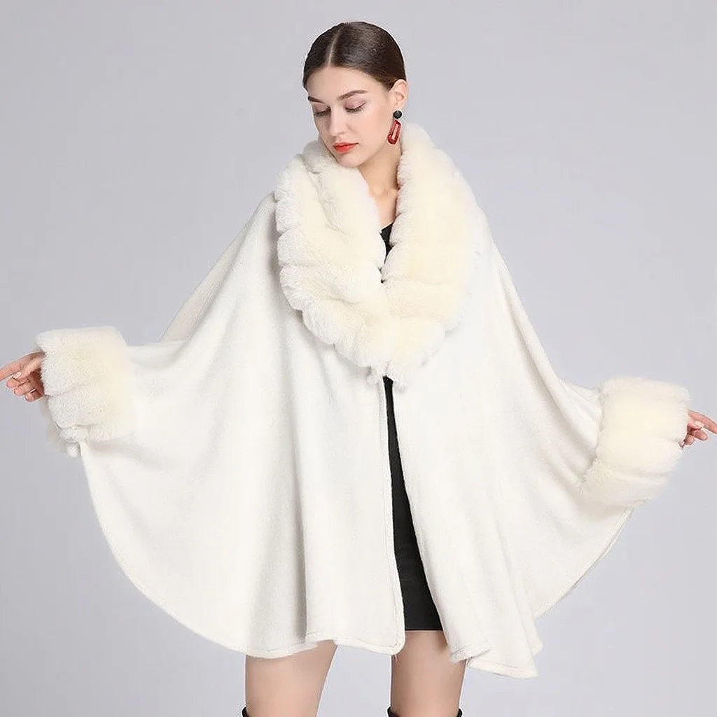 

Winter Cloak Warm New Women Cardigan Big Faux Striped Rabbit Fur Collar Cape Fashion Solid Poncho Overcoat With Long Sleeves