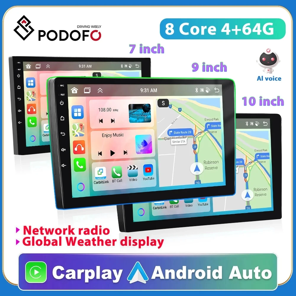 

Podofo 2din GPS Carplay Car Android Radio Multimedia Player 7/9/10" for Toyota Volkswagen Hyundai Nissan Kia Lada 8Core