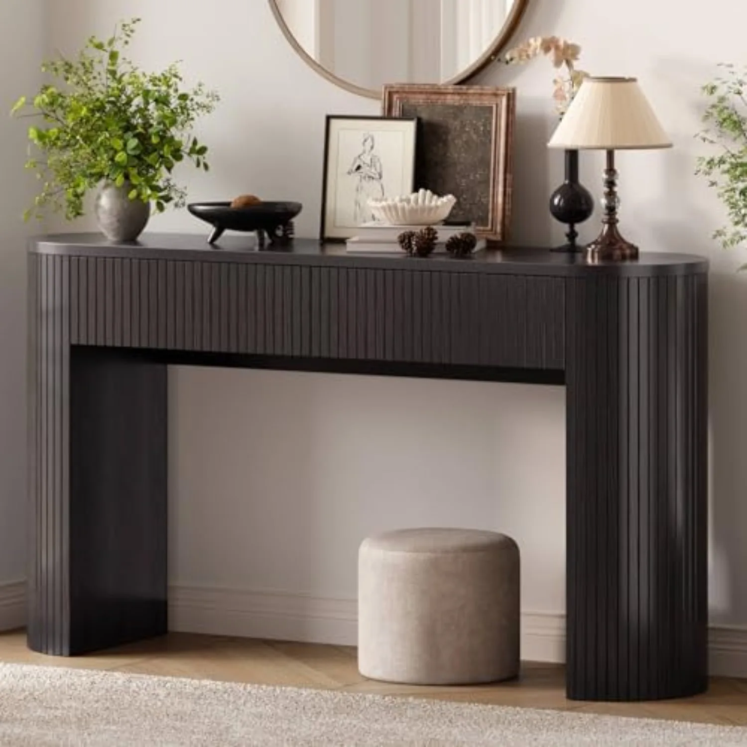 55 Inch Console Table with 2 Drawers, Entryway Tables with Storage,Black | Fluted Sofa Table Behind The Couch, Hallway