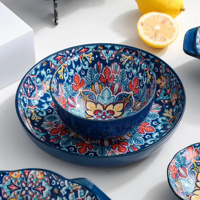 Middle Eastern Bohemian Luxury Fine Ceramic Cutlery Set Bowls and Plates Hand Painted Cutlery Set Wedding Party Plates