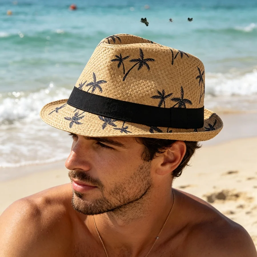 Coconut Tree Print Straw Jazz Hat for Men, Summer Beach Sun Protection, Breathable and Non-Sweaty, British Style, Available in Multiple Colors, Suitable for Daily Commuting and Seaside Vacations