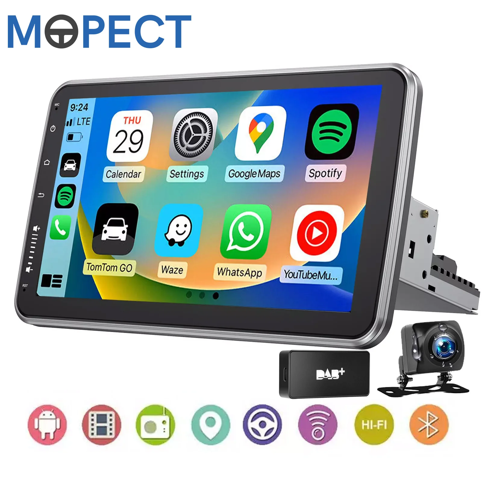 MOPECT 10.1" Single 1 DIN Draadloze Android Auto Apple CarPlay DAB+ Android 15 360 °   Draaibare autoradio GPS-navigatie 4+64G