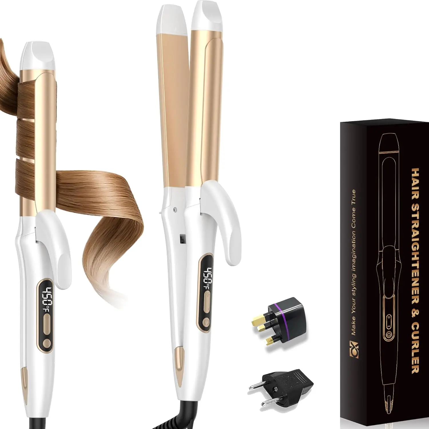 

Утюжок-выпрямитель 2-в-1 для путешествий с регулировкой температуры, керамическим покрытием и адаптером EU/UK