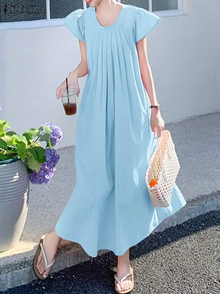 

Платье ZANZEA Sweety женское с круглым вырезом, длинное Плиссированное в Корейском стиле, пляжная одежда с рукавом-крылышком, праздничное однотонное, лето 2024