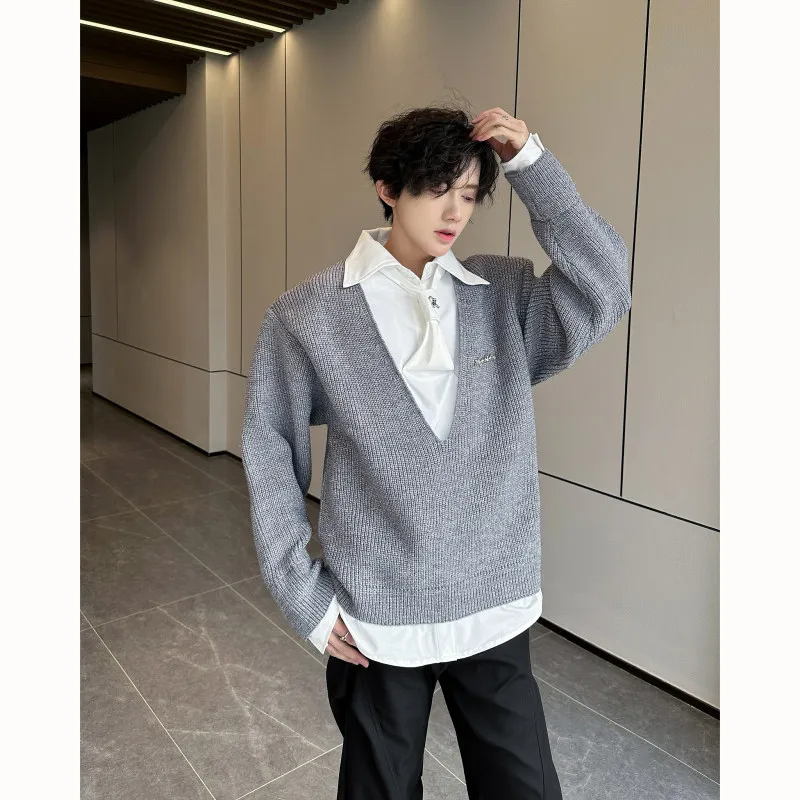 

Autumn Winter Loose Fit V-Ne Knit Sweater Fake Two-Piece irt Collar f Open Cardigan Men Women High Faion Deep V Laye...