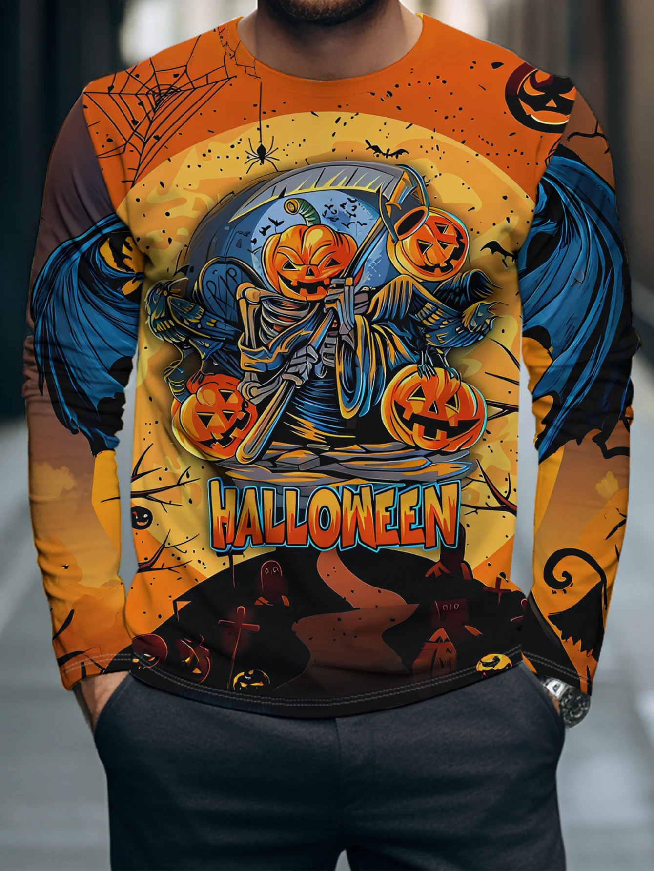 Men's Long Sleeve T‑Shirt Grim Reaper Pumpkin Bat Moon 3D Print Crew Neck Vintage Halloween Casual Streetwear Top