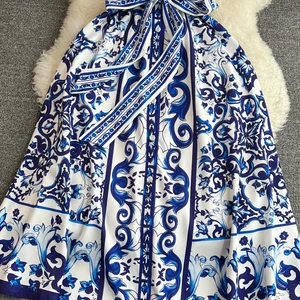 Damen Midi Blumenhemd, blaues, weißes Porzellandruck, Kurzarm, Single -Brust, Frauengefäß, Urlaub, neu, Sommer 6 Hauptverkaufskleid Blue Shirt - №6