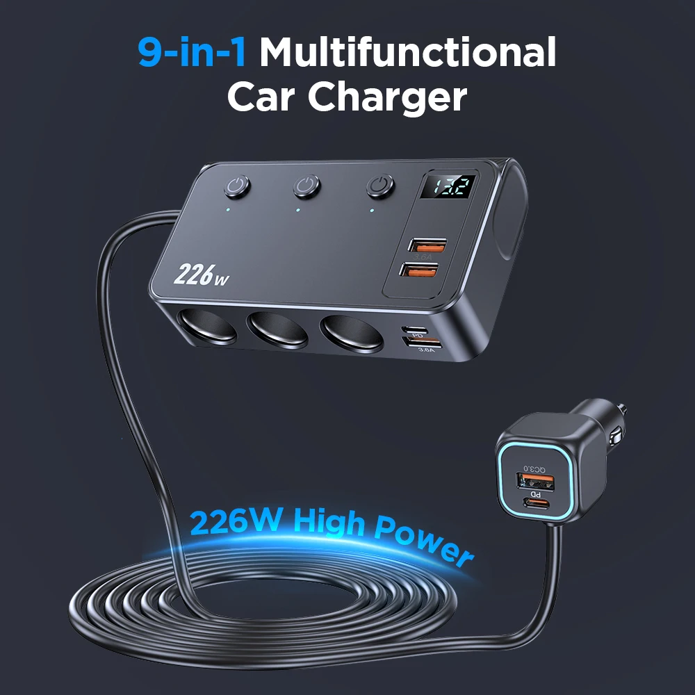 9-in-1 sigarettenaansteker splitter max. 226W, USB A, PD Type-C, QC3.0, autoladeradapter met PD 35W LED-spanningsweergave 12V/24V - afbeelding 2