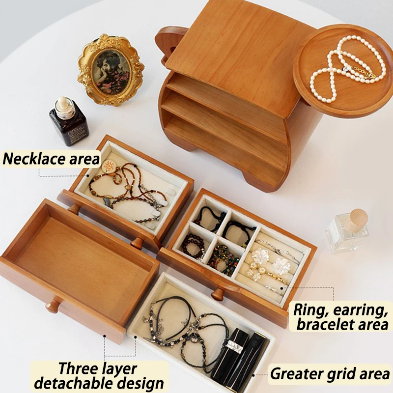 Solid Wood Jewelry Storage Box Drawer Earrings Rings Necklaces Bracelets Organizer Boxes Women Jewelry Display Storages Case