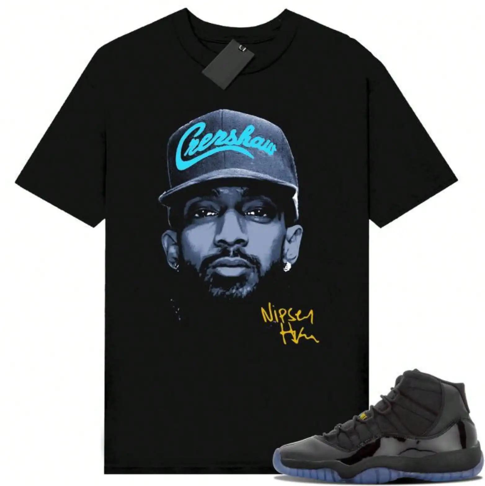 

Black Graphic Print T-Shirt with Cap Design, Unisex Streetwear Style