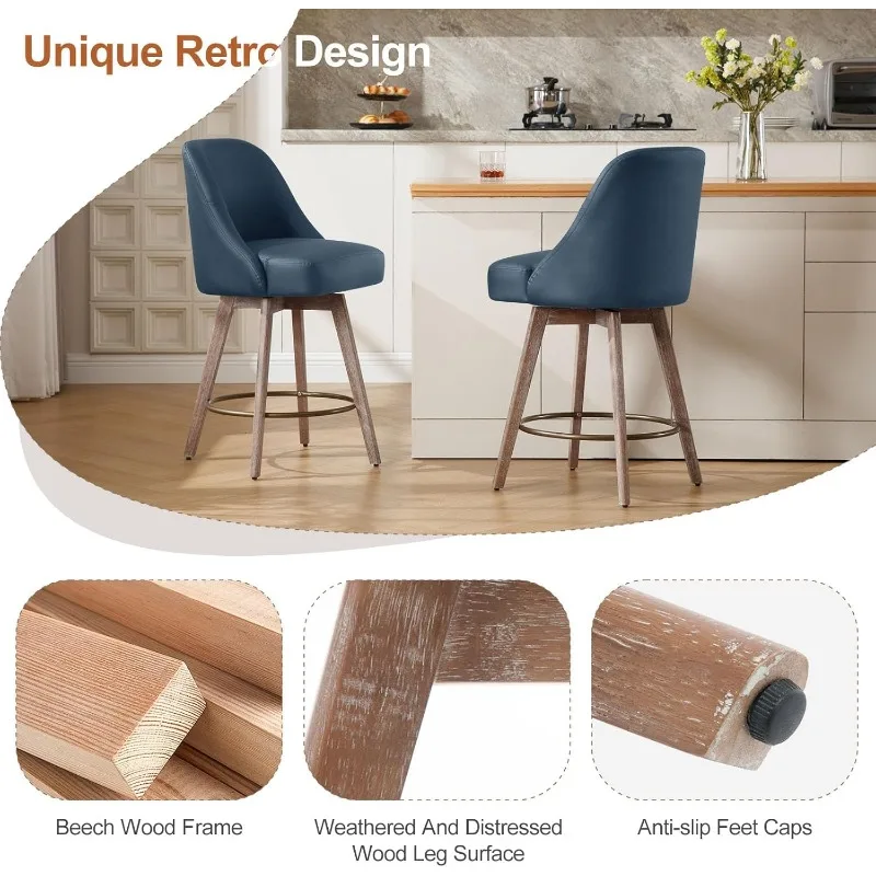 Counter Height Bar Stools, Mid-Century Swivel Bar Chairs with Backs and Beech Wood Legs, 26 Inch Seat Height, PU Leather