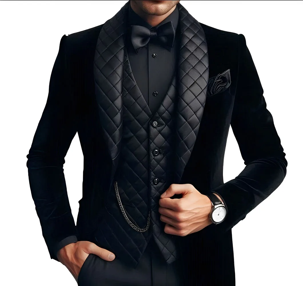 Velvet Men's 3-piece Suit Formal Wedding Tuxedo Men's New Style Suit Blazer Pants Vest Party Dress Male