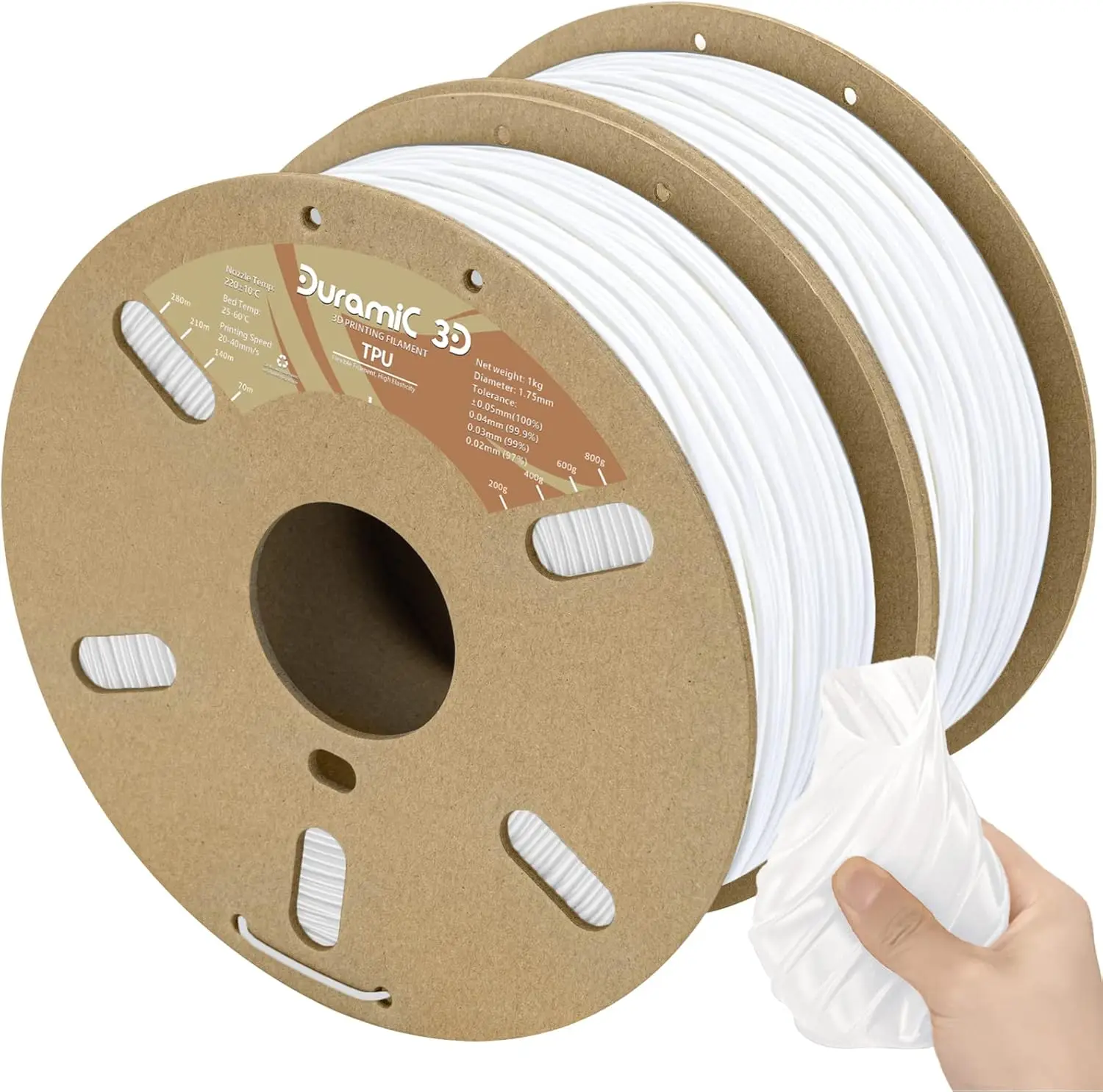 

3D Printer TPU Filament 1.75mm White, 2kg Spool Pack, High Elasticity & Strength, Smooth Printing