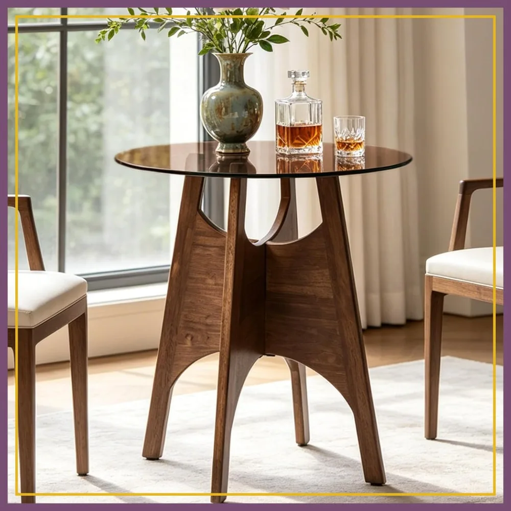 

24 inch Round Glass Dining Table for 2, Tempered Glass Top with Solid Oak Tulip Base, Modern Small Kitchen Table