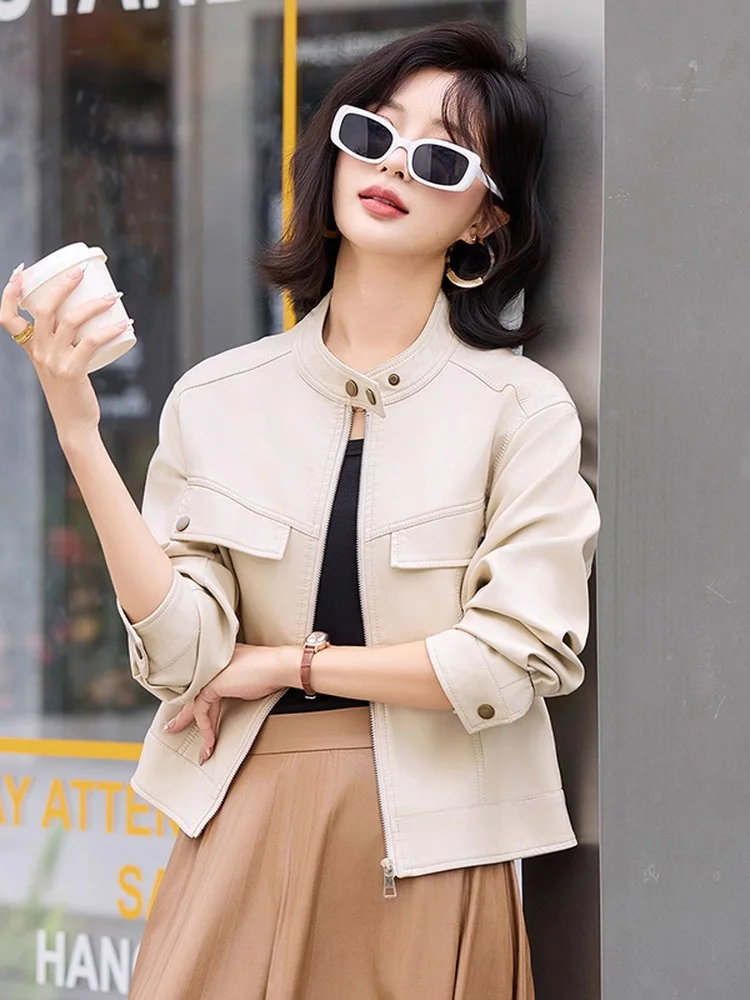 新作 レディース カジュアル スプリットレザー ジャケット 春 秋 ファッション スタンドカラー 長袖 ルーズショートコート 女性 レザージャケット