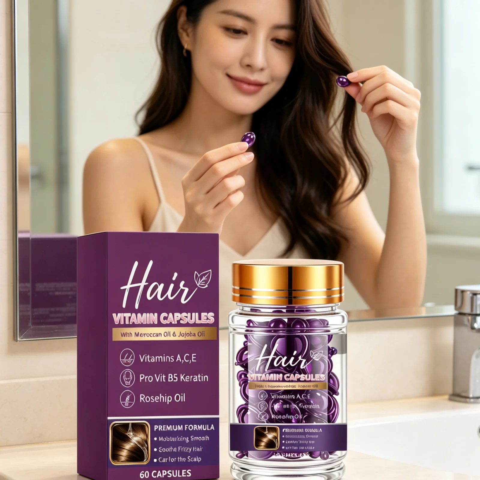 Hoegoa Hair Vitamin Capsules Strengthen Roots Anti Frizz Long Lasting Nourishing Scalp Enhance Shine Moroccan Oil Hair Capsules