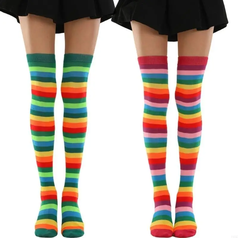 195E Oberschenkelstrümpfe, bunt, Regenbogenfarben, gestreift, Oberschenkelstrümpfe, Overknee-Socken, Beinstulpen für Damen,