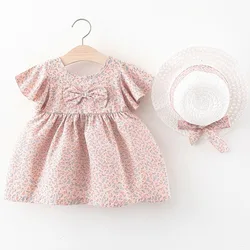 Conjunto de 2 piezas para niña recién nacida, ropa coreana con estampado de flores y lazo, vestido de algodón + sombrero para el sol, vestidos para bebé BC012 2024