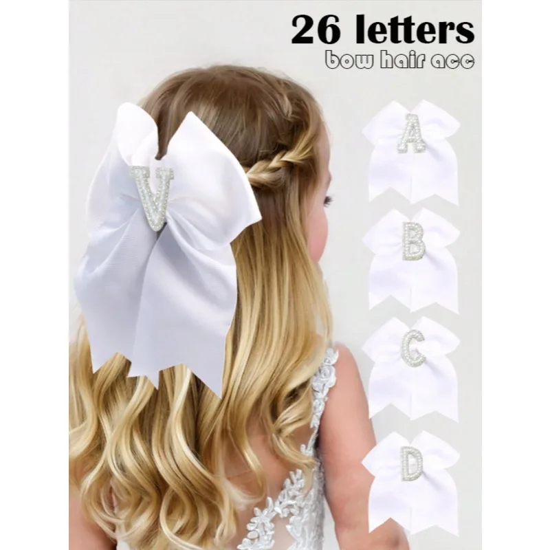 Pearl Letter Bow Hair Clips for Girls, White Grosgrain Ribbon Barrettes with All-Pearl Initial Patch, 198 Colors Optional
