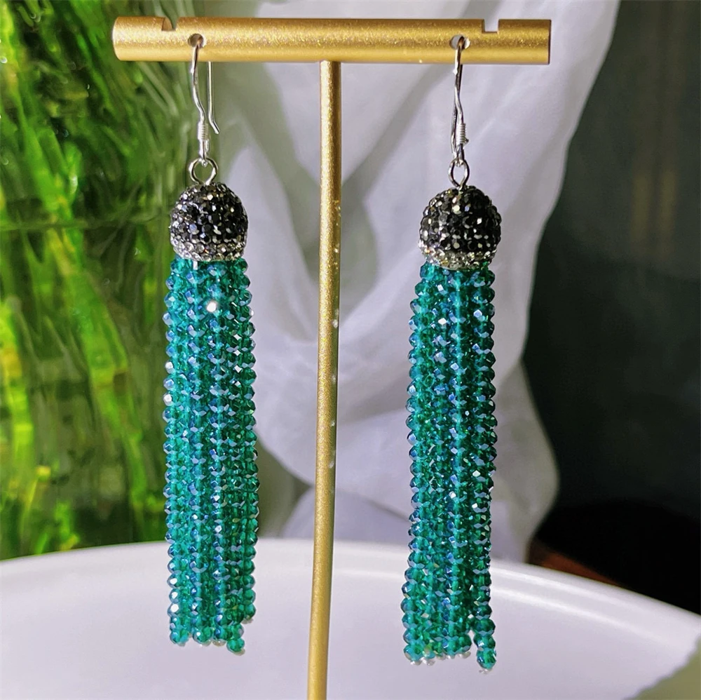 Hot 925 Silver Hook Rice Crystal Beads Long Tassel Earrings Handmade Beaded Grey Rhinestone Drop Earring for Women Quartz Stone