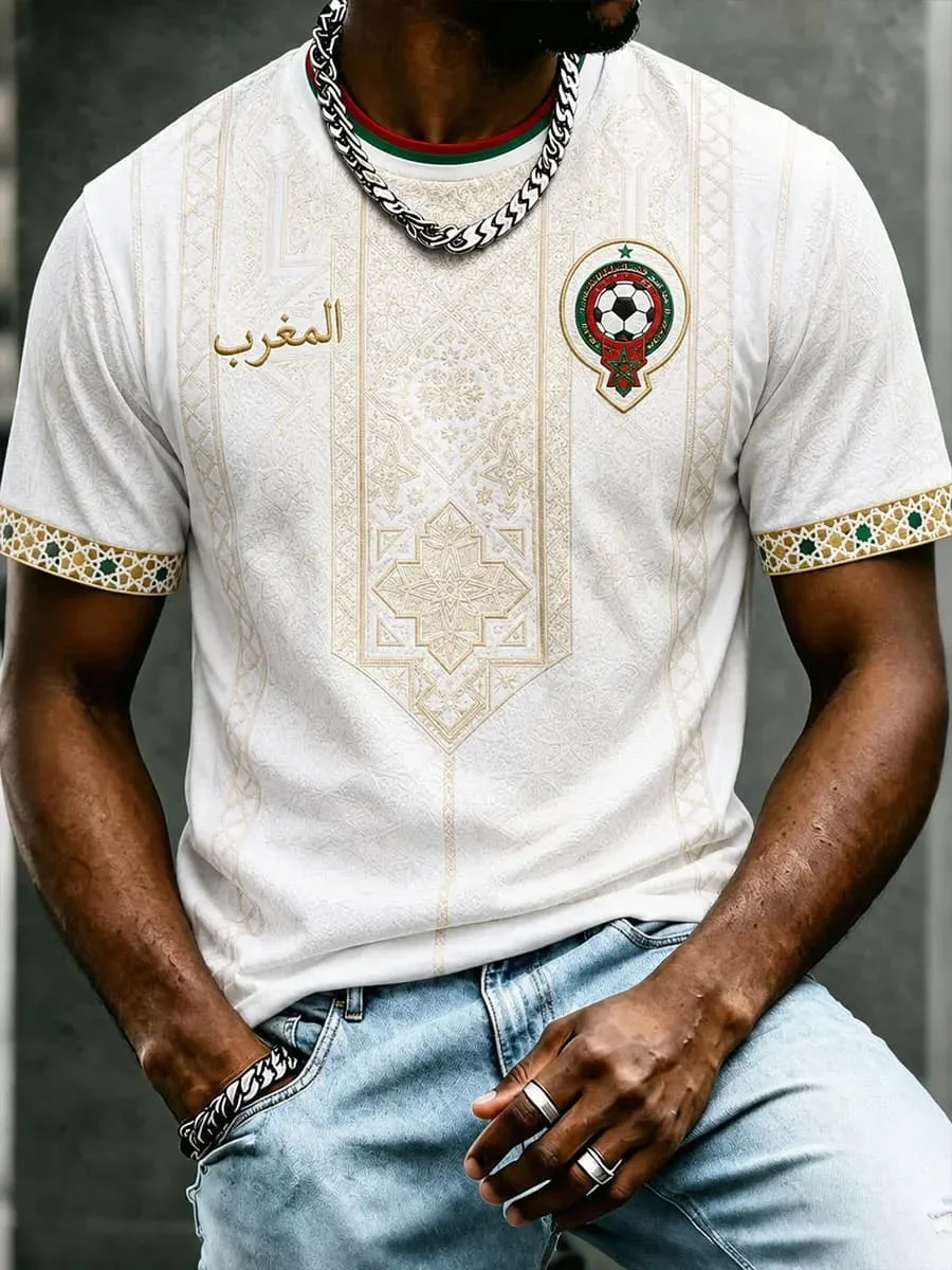 Herren 3D-Druck Marokko Fußball-Fan-T-Shirt, 2026 Fußball-inspiriertes Kurzarm-Trikot, Schnelltrocknendes Sport-Oberteil – Detail 8