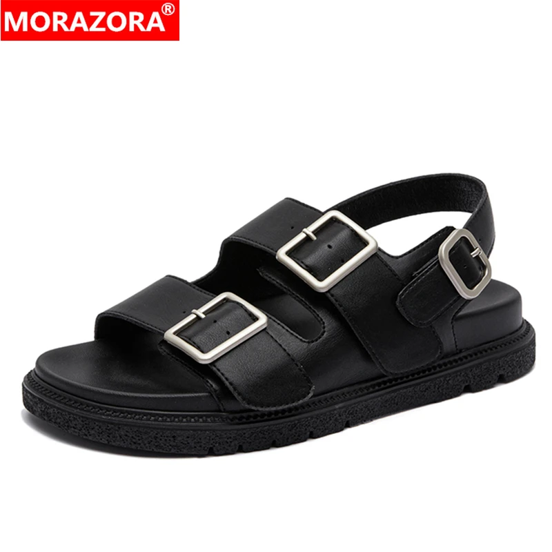 MORAZORA 2024 New Fashion Genuine Leather Women Sandals Buckle Ladies Shoes Summer Beach Shoes Ladies Flat Sandals Footwear