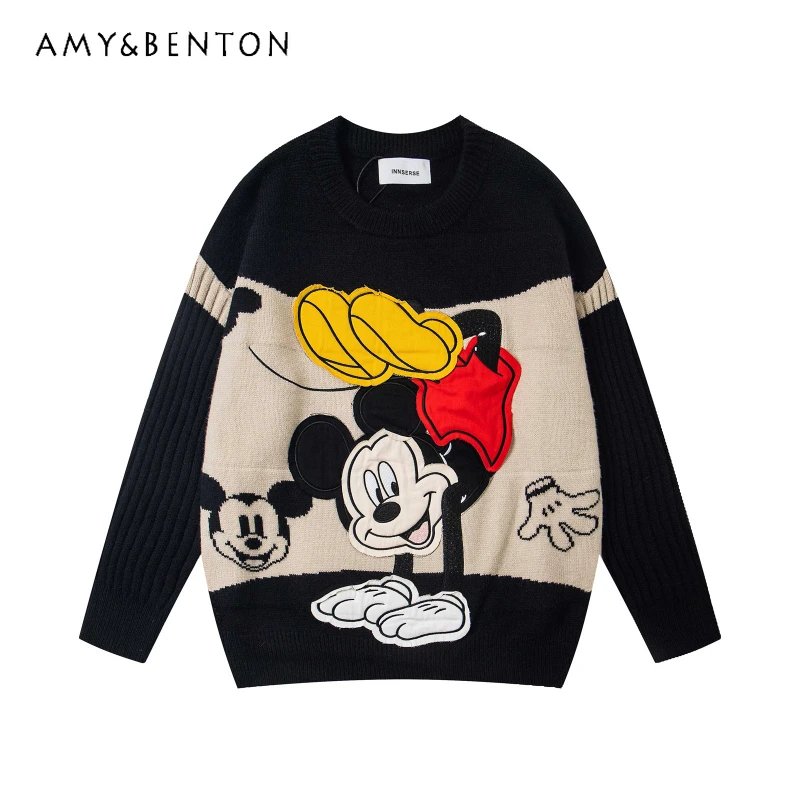 Jersey bordado con parche de dibujos animados, bloque de Color Retro americano, suéter de cuello redondo, Unisex, otoño, nuevo, prendas de punto holgadas versátiles