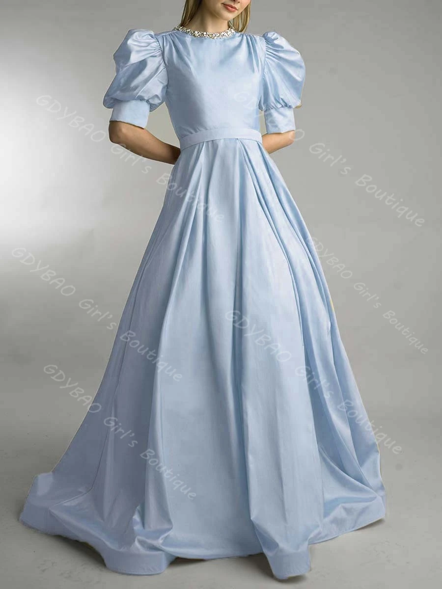 A-line/Princess Bridesmaid Dress Beaded Neck Balloon Sleeve Wedding Party Gown Long Prom Dress With Sashes Evening Gown Custom