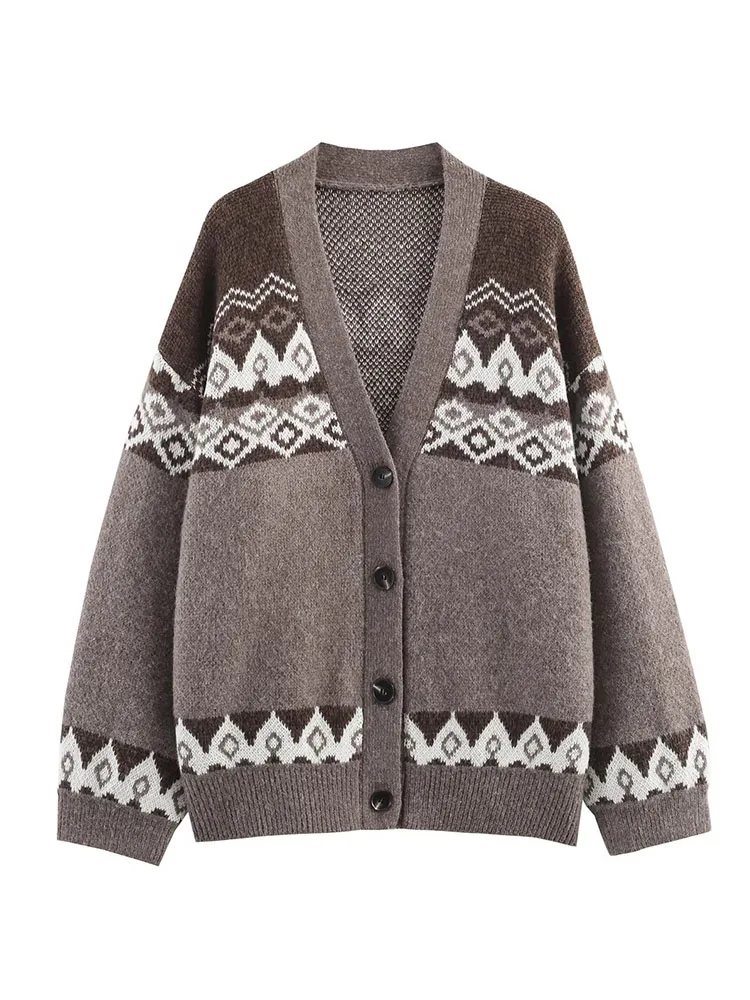 เสื้อโค้ทถักลายแจ็คการ์ด แขนยาว คอวี ติดกระดุมแถวเดียว สไตล์ลำลองสำหรับผู้หญิง แฟชั่นฤดูหนาว แนวสตรีท สไตล์อ่อนหวาน