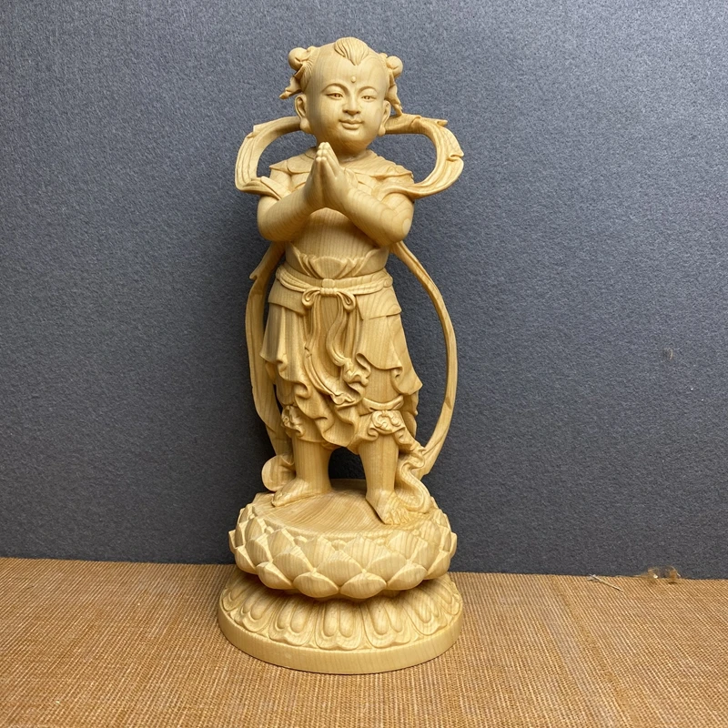 Hand Carved Hinoki Wood Golden Boy Jade Girl Statues Pair (Set of 2) - Spiritual Ornament Home Temple Decor Gift Collectible