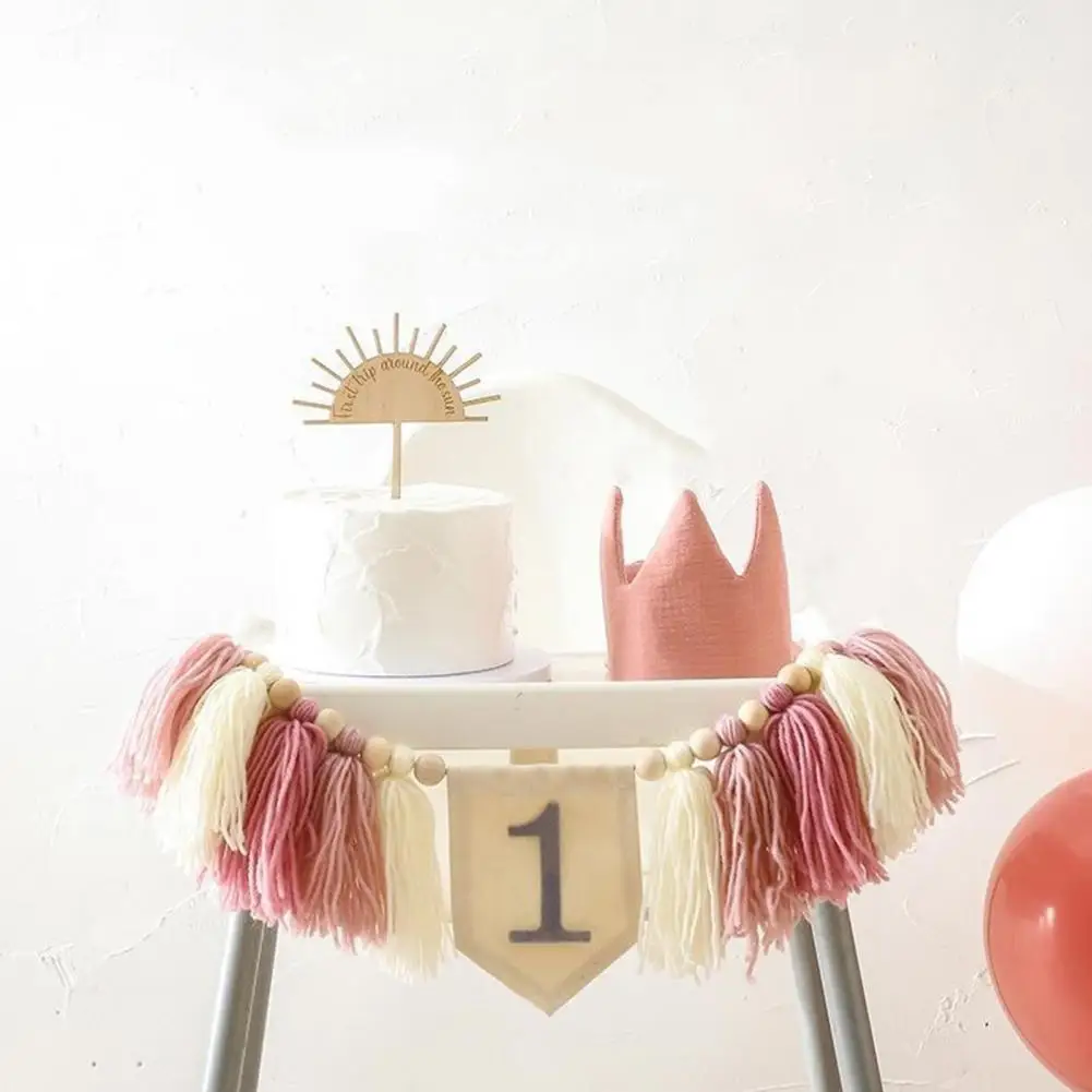 

Handmade Fabric Decorations Boho 1st Birthday High Chair Banner Tassel Garland Set for Girl Baby Shower Party Decor for Kids