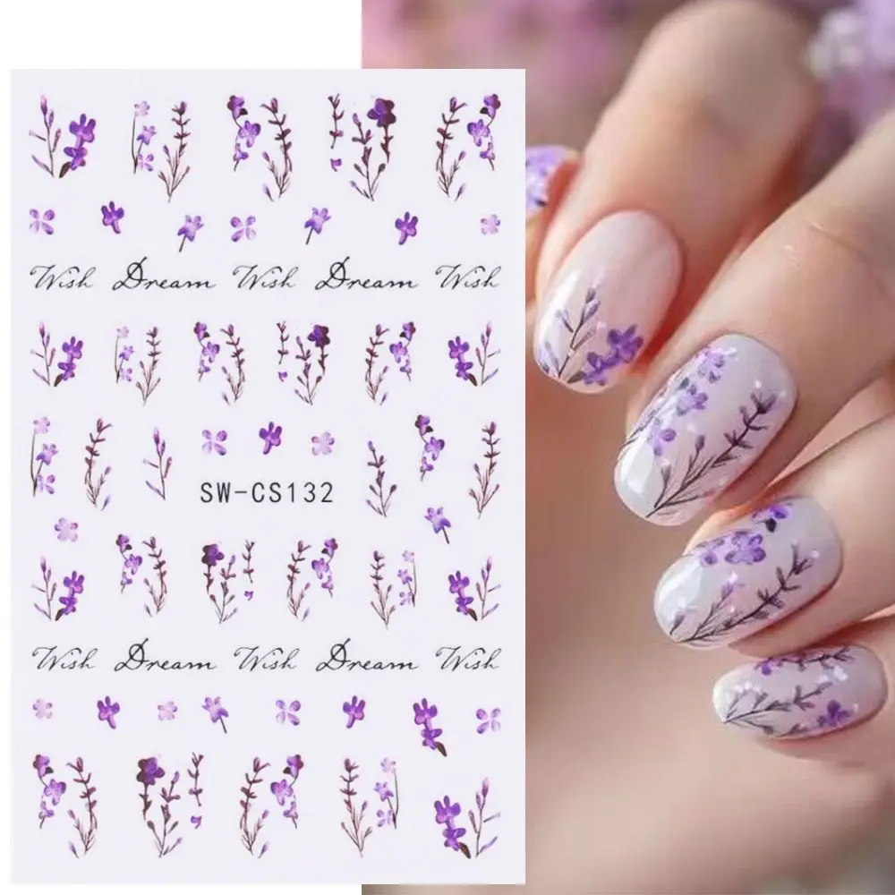 Spring Summer Purple Flower Nail Stickers Daisy Petal Leaves Nail Decal Cherry Blossoms Butterfly Charms Nail Decor