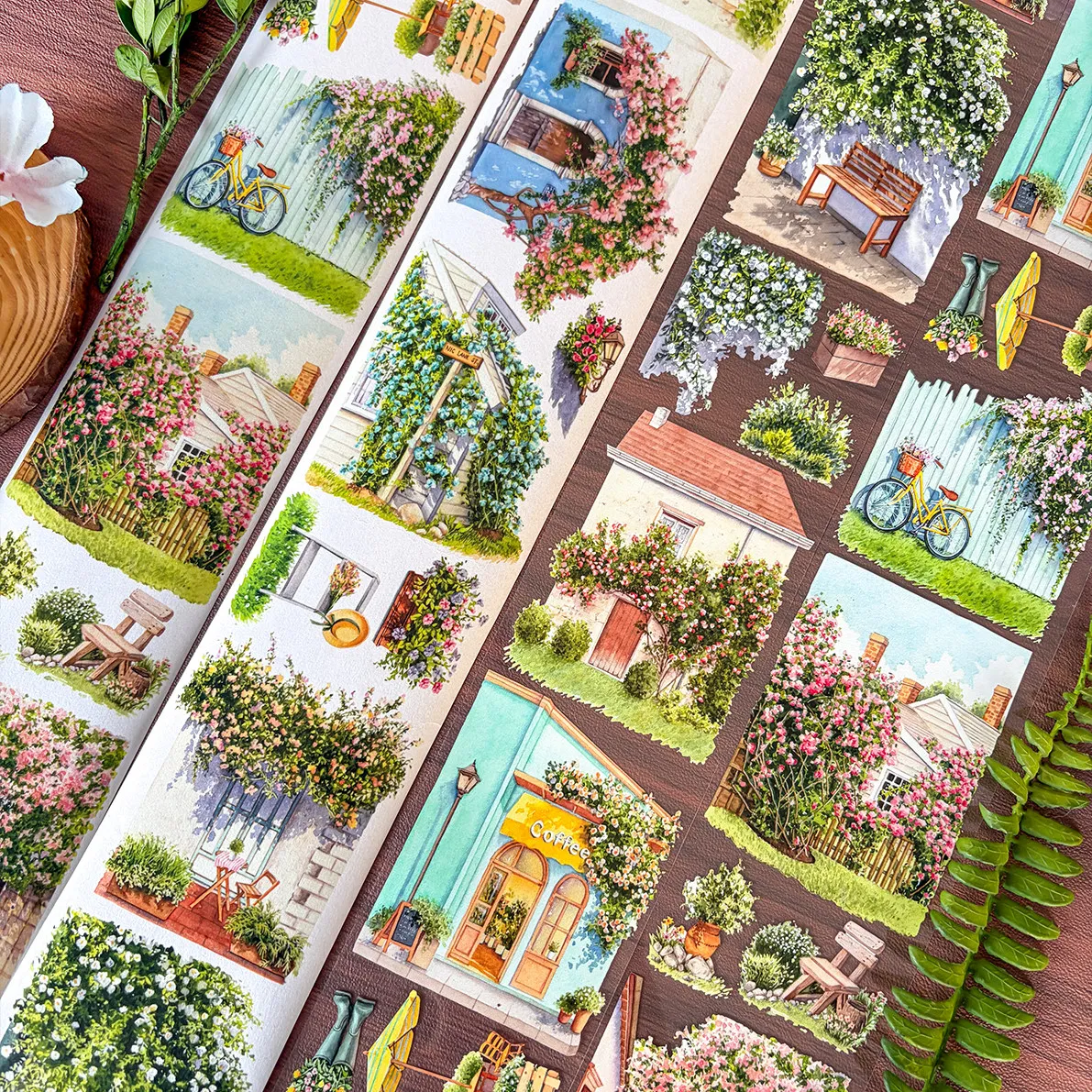 New Scenery Washi Tape Full Wall Spring Flower Shadow Fence Building Landscape PET Sticker for Journal Scrapbooking