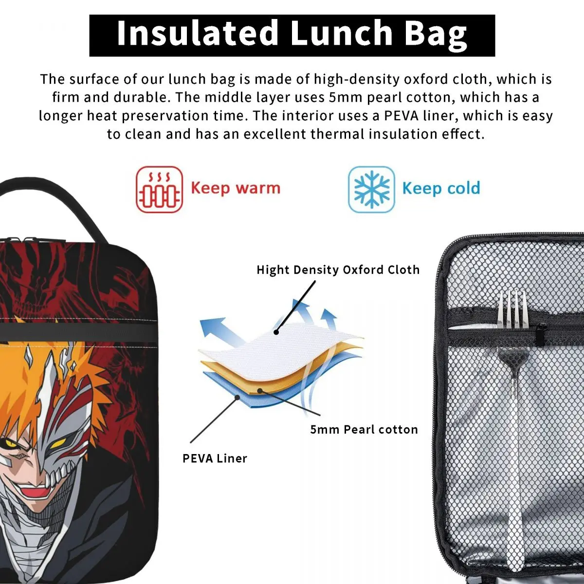 Half Hollow Bleach Anime Cartoon Insulated Lunch Bag for Women Kids Leakproof Food Boxes Thermal Lunch Box Tote